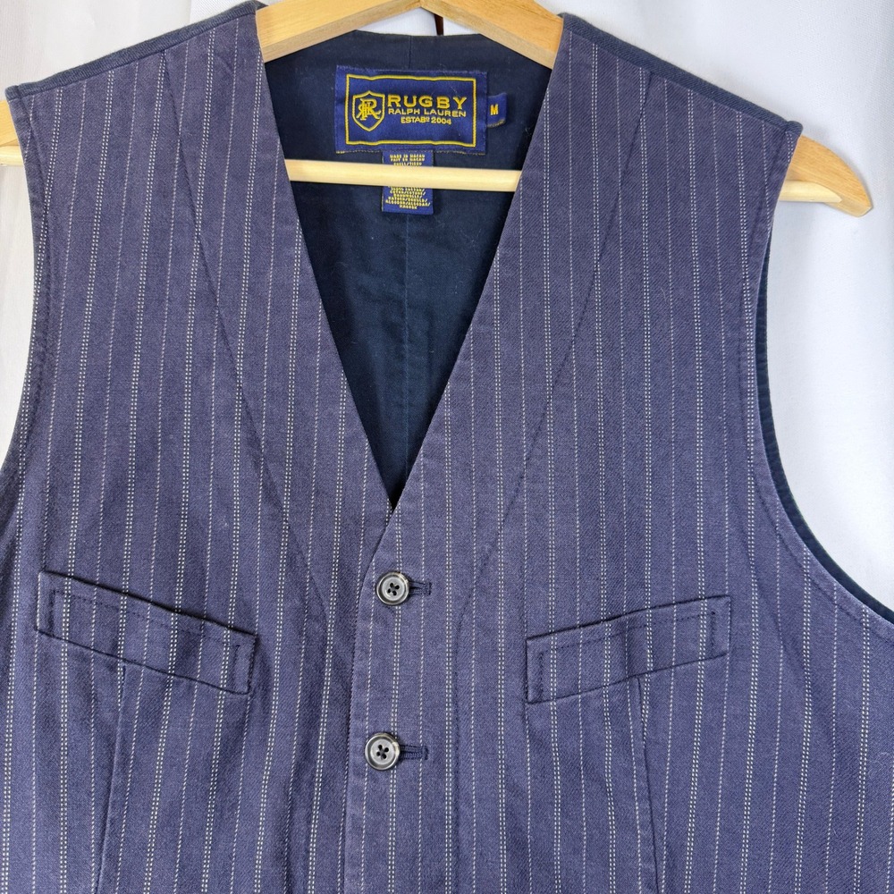 Rugby Ralph Lauren Mens Pinstripe Cotton Vest Navy Blue Green Stripe Back M
